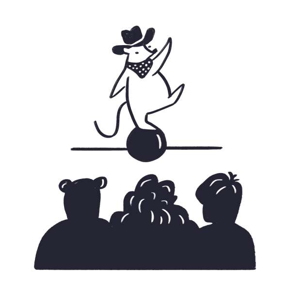 A mouse wearing a cowboy hat and bandana balances on a ball on a wire, performing for an audience of three people—much like how a brand strategy agency captivates attention with creativity and precision.