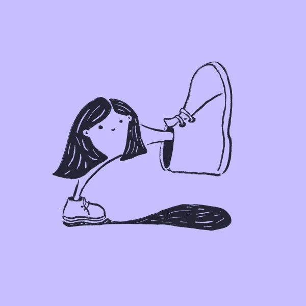 A simple line drawing of a girl with long hair wearing one oversized shoe, holding up the other enormous shoe, on a solid lavender background.