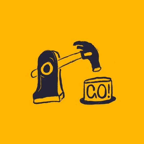 A black hammer poised to strike a round button labelled GO! on a bright yellow background.
