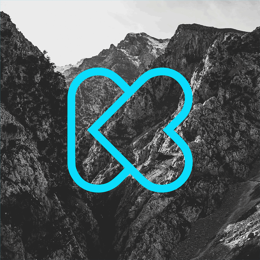 A large blue abstract logo, resembling intertwined shapes, is centred over a black and white rocky mountain landscape.