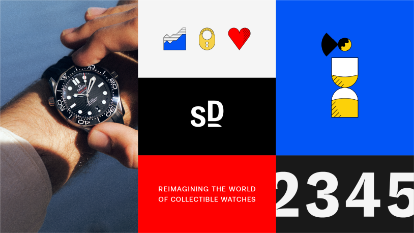 A hand wearing a luxury watch is on the left; icons, geometric shapes, “sD” logo, and the phrase “REIMAGINING THE WORLD OF COLLECTABLE WATCHES” appear on colourful blocks alongside large numbers 2345 on the right.