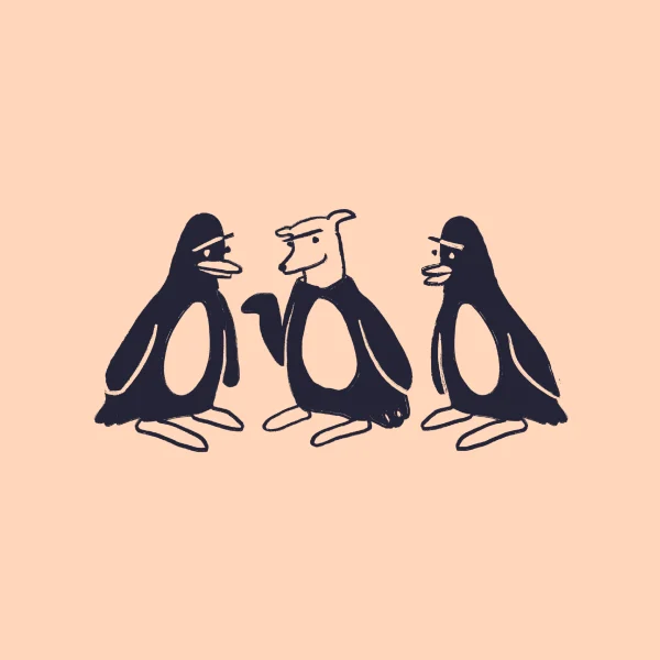 A simple drawing of three penguins, with the middle one having the face and ears of a dog, all standing and facing each other on a pale peach background.