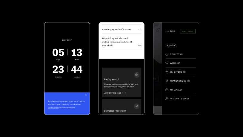 Four mobile app screens are shown on a black background, displaying a countdown timer, FAQs about watches, a buying section, and a navigation menu with collection, wishlist, and account options.