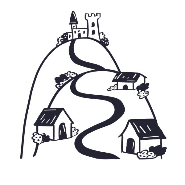 A winding road leads up a hill past three small houses to a castle at the top, surrounded by bushes—an inspiring scene reminiscent of the journey a brand strategy agency guides its clients through on the way to success.