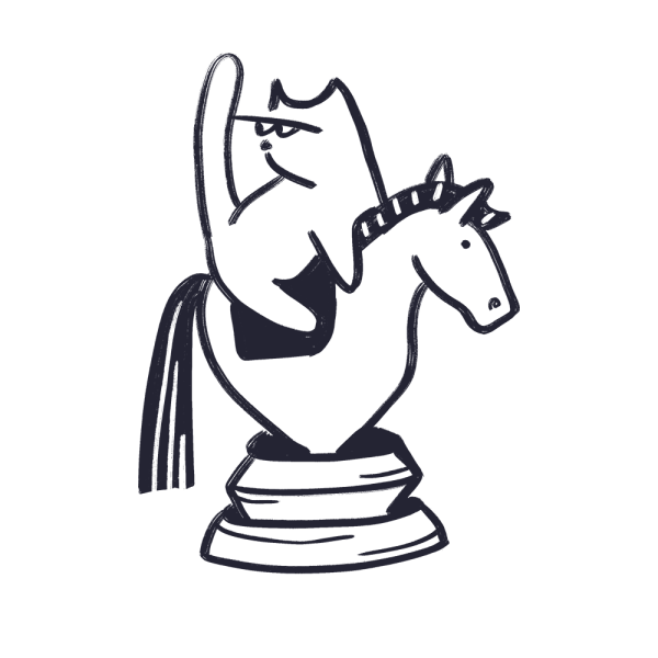 A simple black-and-white drawing of a cat sitting on top of a chess knight piece, with the cat’s tail raised and an unimpressed expression on its face—perfectly capturing the kind of playful confidence a brand strategy agency brings to creative challenges.