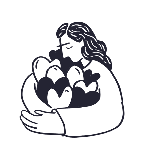 A person with long hair hugs a group of hearts, eyes closed, conveying warmth, care, and love in a simple black-and-white line drawing—an image that captures the nurturing spirit often found at a brand strategy agency.