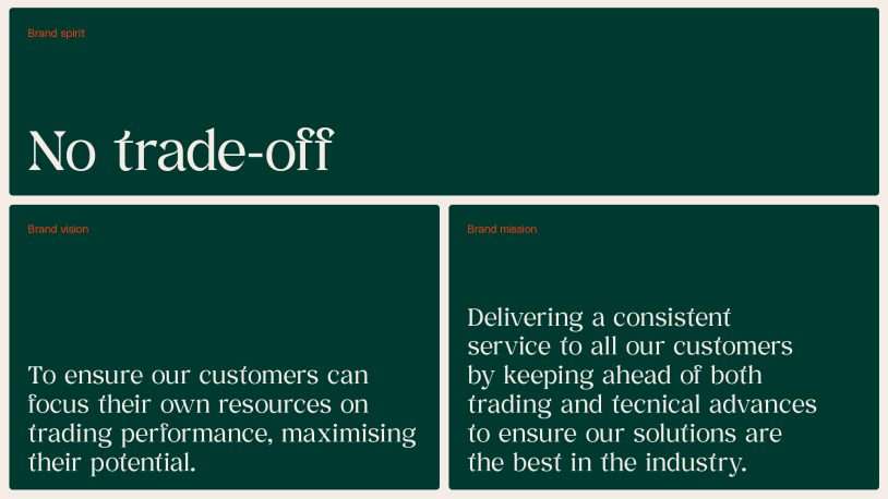 Three green boxes with white text: No trade-off, to ensure our customers can focus their own resources on trading performance and maximising their potential—reflecting the ethos of a brand strategy agency dedicated to a mission of consistent service and technical advances.